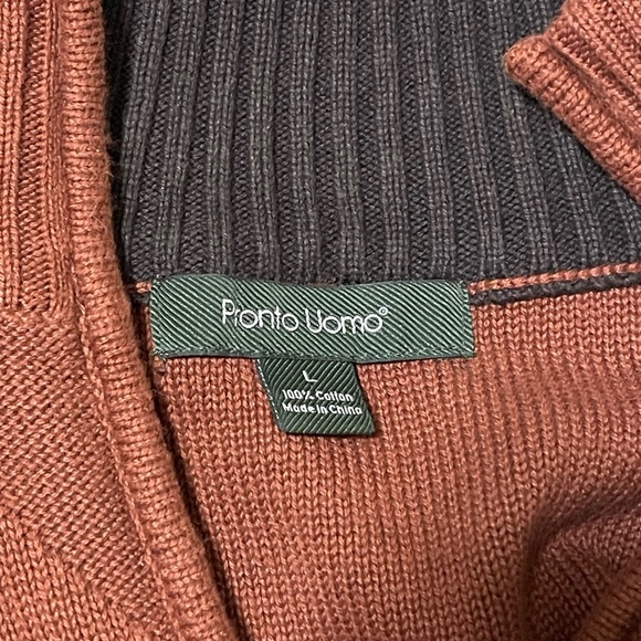 Pronto Uomo Mens Cotton Pullover Quarter Zip Pullover Knit Sweater Large Orange - Picture 3 of 4